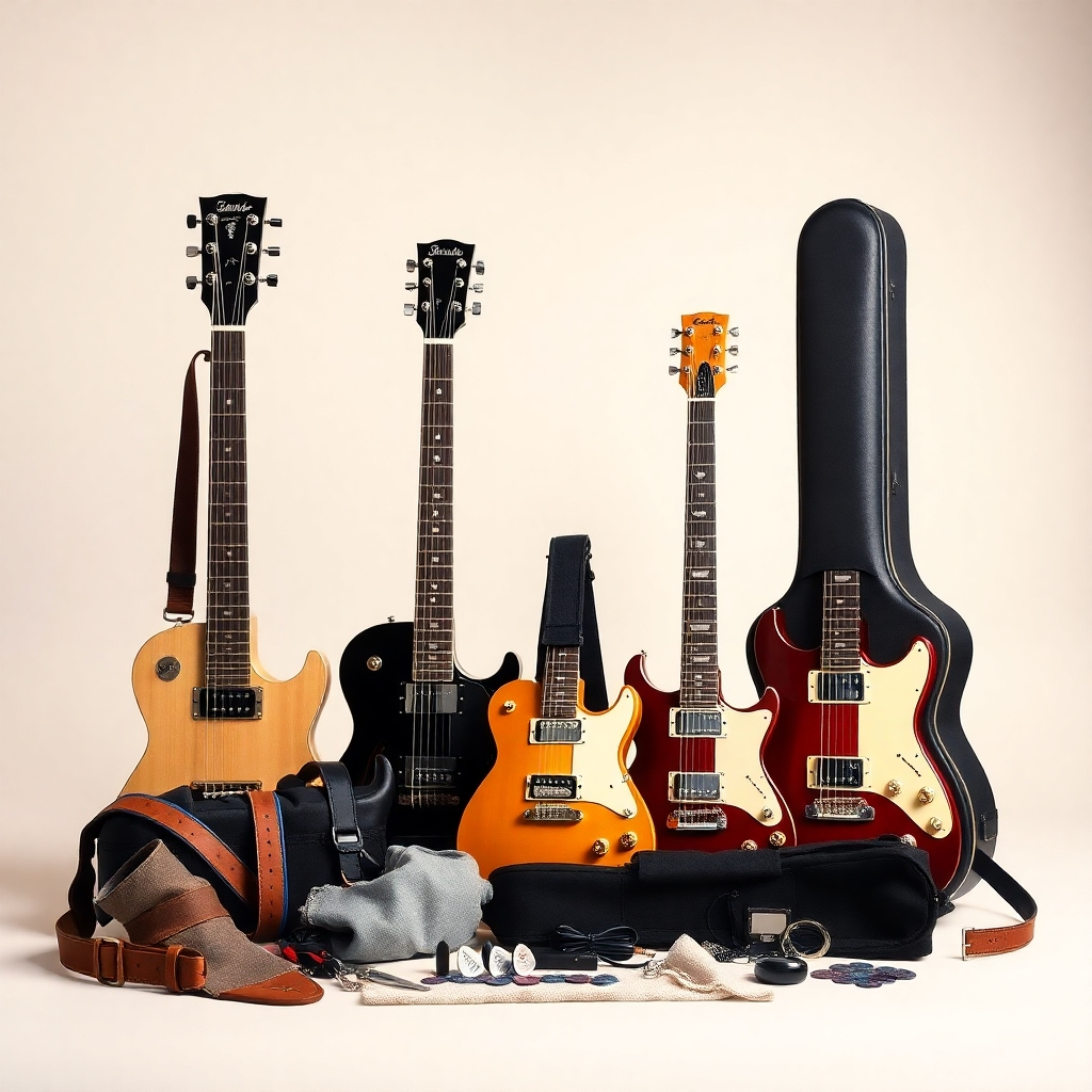 A well-lit studio shot showcasing various guitar accessories against a clean, neutral background. The image should feature a variety of high-quality items, including different types of guitar straps, hardshell and softshell cases, a selection of guitar picks, tuners, capos, and a polishing cloth. The arrangement should be aesthetically pleasing and convey a sense of quality and variety.