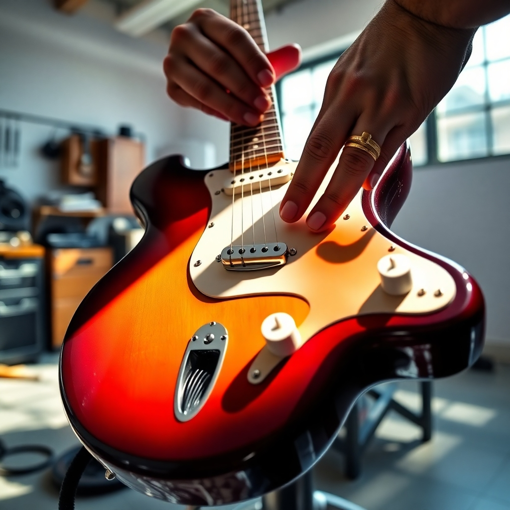 An ultra-high definition, hyperrealistic image showcasing a custom guitar setup.  The setting is a clean, modern workshop with bright, natural light streaming in from a large window.  A gleaming, sunburst Fender Stratocaster is center frame, with a technician's hands precisely adjusting the intonation.  The color palette is vibrant, emphasizing the rich colors of the guitar and the subtle shine of the metal parts. The background is tastefully minimal, focusing attention on the guitar and the technician's hands.  The camera angle is a slightly elevated, close-up perspective, emphasizing the precise adjustments being made. The image should focus on the interplay of light and shadow on the guitar's polished surface. Textures are extremely detailed, showing the smooth grain of the wood, the precise machining of the hardware, and the slight wear on the fretboard.  The overall mood is one of precision, care, and expertise. Style reference:  photographs by Platon.