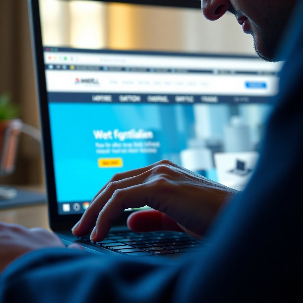 A close-up image of a user's hand interacting with a website on a laptop. The website should be clean, modern, and easy to navigate. The user's face should be partially visible, expressing a sense of satisfaction and ease.