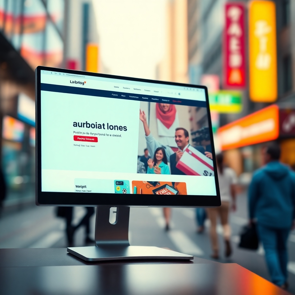 A close-up shot of a website design on a computer screen. The interface is clean, with vibrant colors, clear typography, and intuitive navigation. The background is a blurry image of a bustling city street, suggesting the website's vibrant and modern feel.