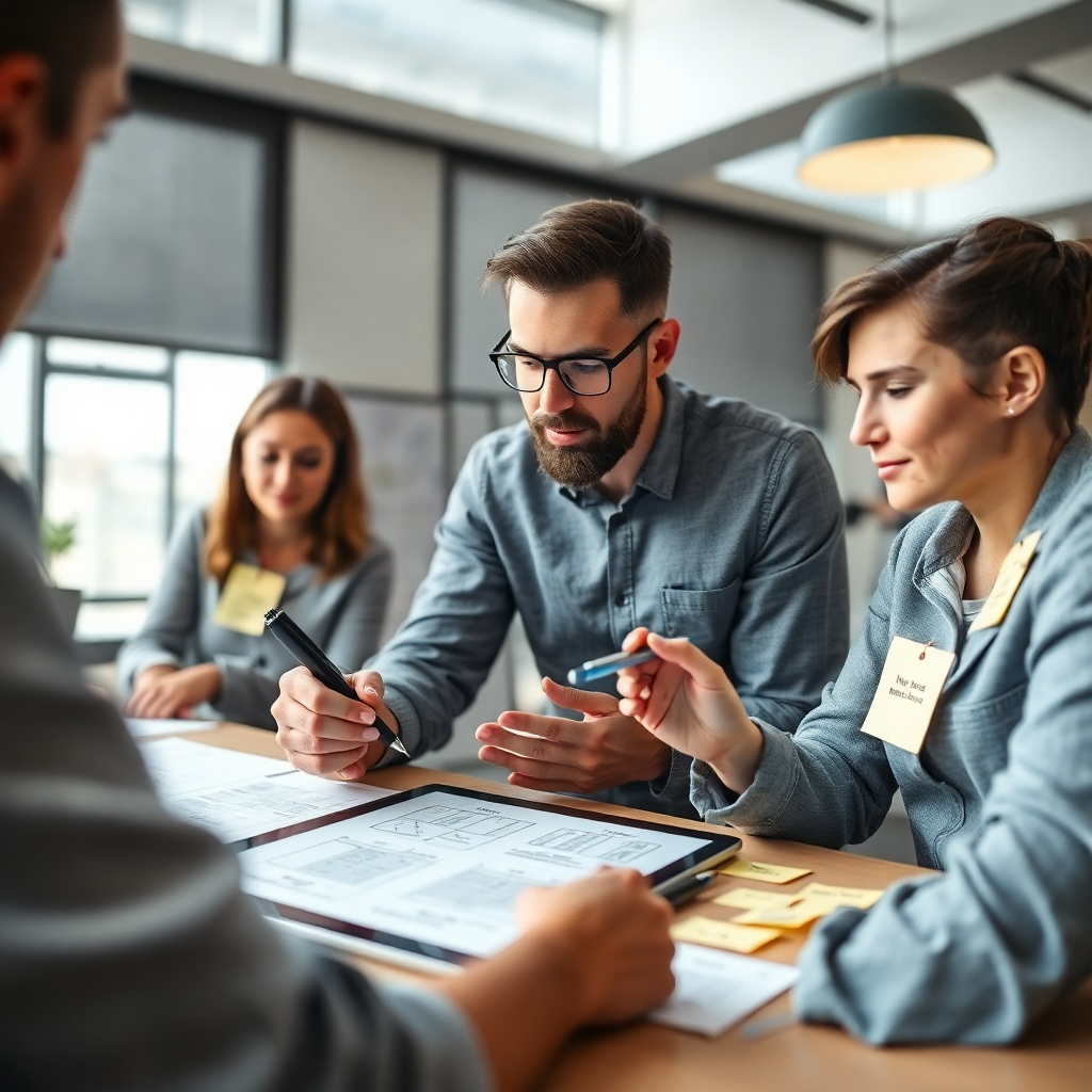 A designer sketching wireframes on a tablet, surrounded by user personas and sticky notes with website features and functionalities. The background is a modern, minimalist office with natural light.
