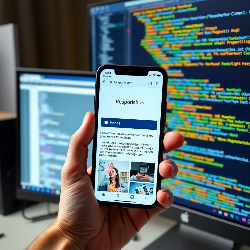 A hand holding a smartphone, showcasing a responsive website with clear text, buttons, and images. The website's code is visible on a nearby computer screen, highlighting the combination of HTML and CSS.