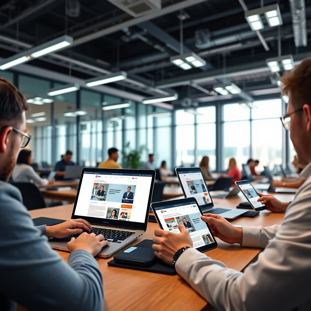 A panoramic view of a modern office space with people working on laptops, smartphones, and tablets. Each device should be displaying the same website, which adapts perfectly to the screen size and orientation of each device. The overall atmosphere should be vibrant and collaborative.
