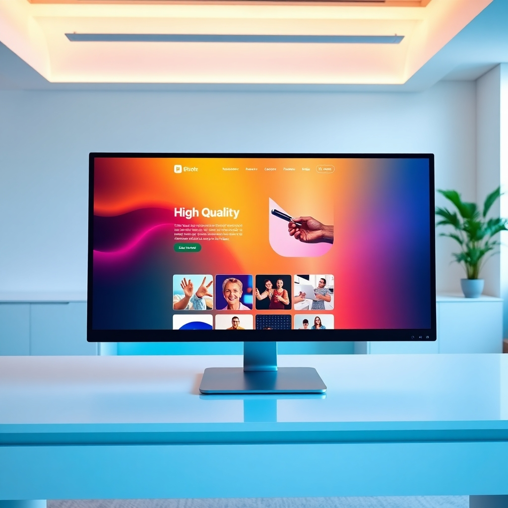 A photorealistic image of a modern, responsive website design being presented on a large monitor. The monitor is sitting on a sleek, white desk in a bright, minimalist office space. The website design features vibrant colors, clean typography, and high-quality images. The image should convey a sense of professionalism, innovation, and user-friendliness. The lighting should be soft and diffused, with a slight warm tone. The camera angle should be slightly elevated, focusing on the website design on the monitor. The overall style should be in the aesthetic of a modern, minimalist design studio. The image should be in ultra-high resolution, with hyperrealistic details, emphasizing the quality and sophistication of the website design.