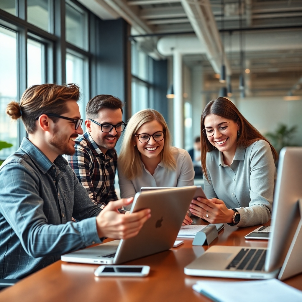 A photorealistic image of a team of digital marketers working on a project in a modern office setting. The image should capture the collaborative and dynamic nature of SEO and digital marketing. The team is using various devices and software, including laptops, tablets, and data analytics dashboards. The image should convey a sense of expertise, innovation, and data-driven decision-making. The lighting should be natural and bright, with a soft focus on the team members. The camera angle should be wide, capturing the team working together in a positive and energized environment. The overall style should be in the aesthetic of a modern, dynamic tech company. The image should be rendered in ultra-high resolution, with hyperrealistic details, emphasizing the professionalism and effectiveness of their work.