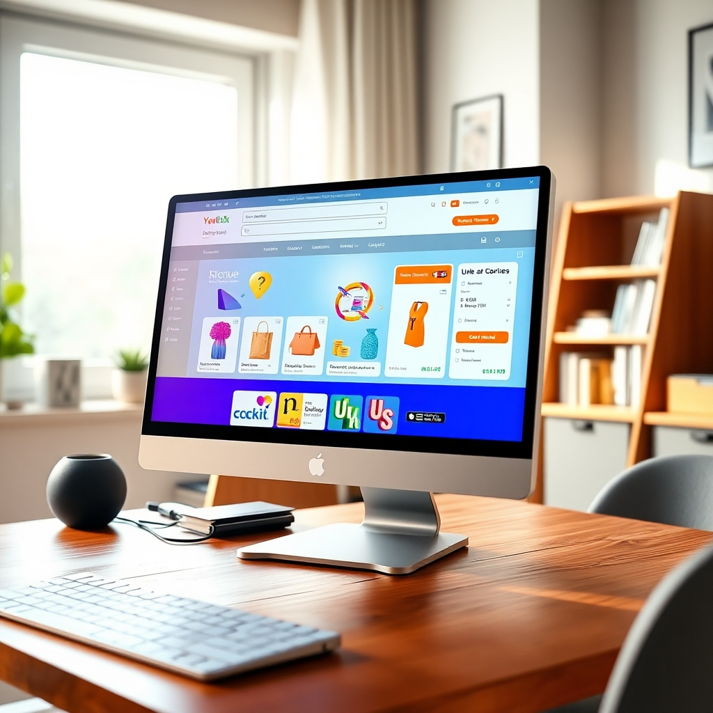 A photorealistic image of a vibrant and engaging e-commerce website on a computer screen, showcasing product images, a user-friendly interface, and a seamless checkout process. The image should capture the energy of online shopping and the convenience of purchasing goods from anywhere. The computer screen is placed on a wooden desk in a home office setting, with natural light streaming in through a window. The image should convey a sense of trust, security, and user satisfaction. The color palette should be bright and inviting, reflecting a modern, clean, and professional aesthetic. The camera angle should be slightly angled, capturing the screen and its surrounding environment. The image should be rendered in ultra-high resolution, with hyperrealistic details, emphasizing the quality and professionalism of the e-commerce website.