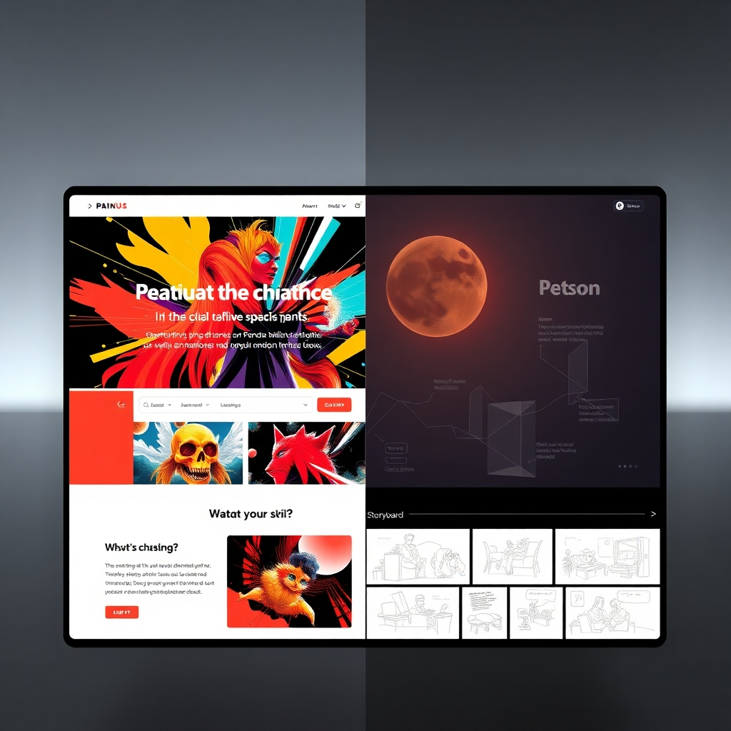 A split-screen image. One side shows a website with a visually striking design that features captivating graphics and typography. The other side shows a storyboard or a series of sketches depicting the website's visual elements, highlighting the creative process behind the design.