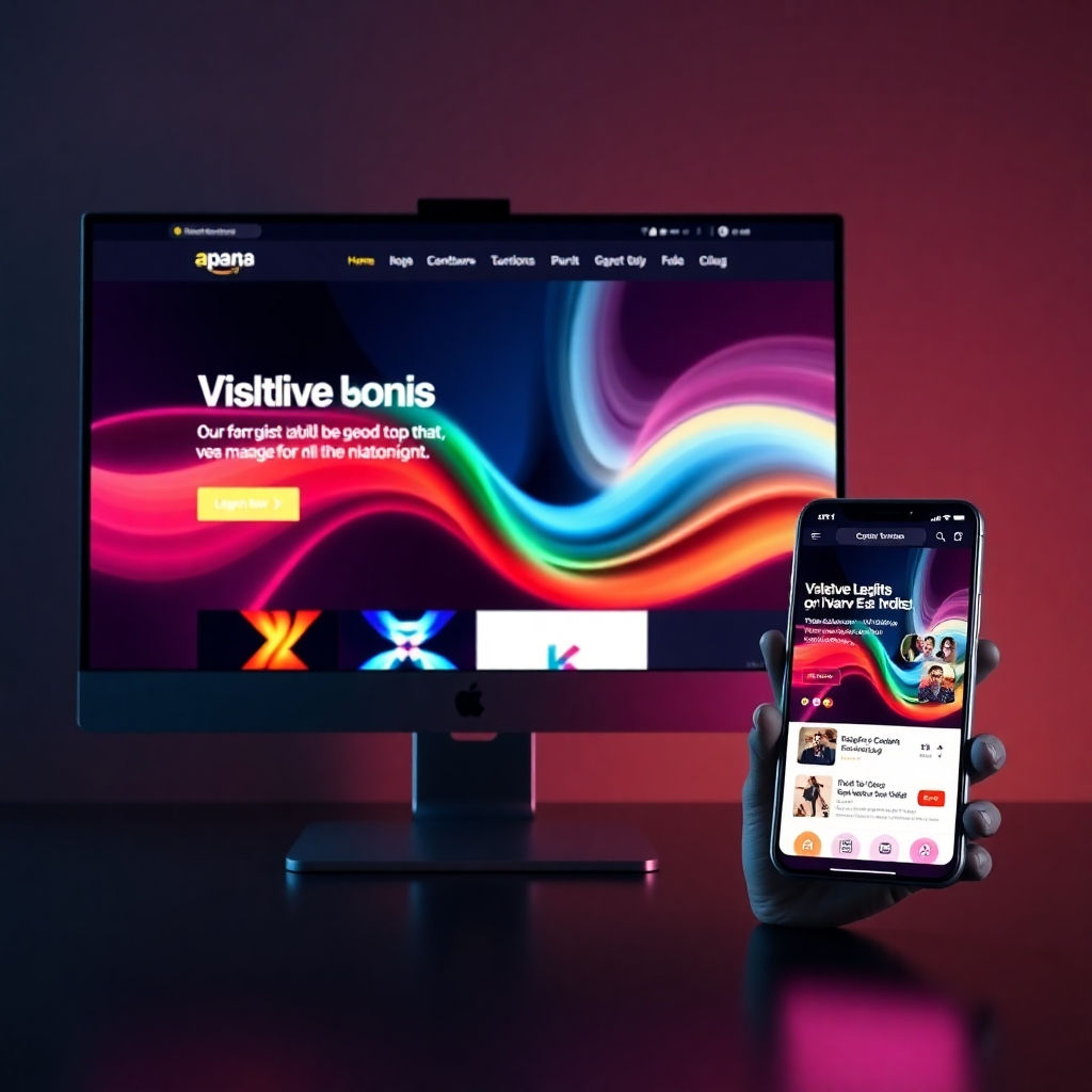 A split-screen image showing a website design on a large desktop monitor and a sleek smartphone, with the smartphone design being highlighted and more vibrant, showcasing a user scrolling through a visually appealing and easy-to-navigate website.