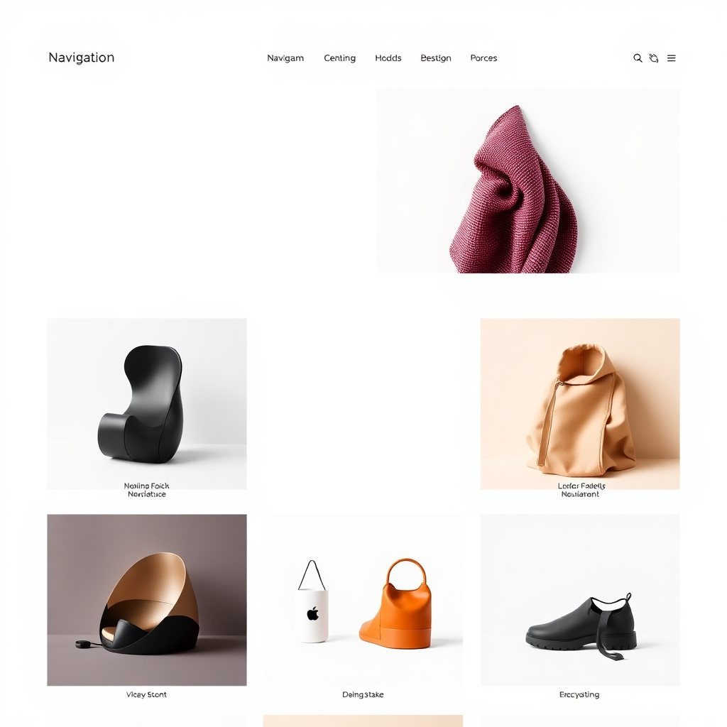 A website mockup with a white background, a simple navigation bar, large, high-quality product images, and minimal text, all arranged in a clean and uncluttered grid layout, with a focus on the central content area.