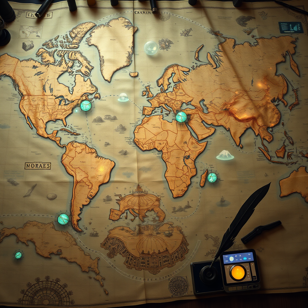 A photorealistic digital illustration of a vast, intricately detailed world map. The map blends elements of historical cartography with futuristic city planning. Floating islands, subterranean networks, and sprawling continents are interconnected by shimmering energy pathways. Style: A fusion of classical mapmaking and cyberpunk aesthetics. Lighting: Ambient lighting with subtle glows emanating from the energy pathways. Color Palette: Earthy tones with pops of vibrant colors. Camera Angle: Bird's-eye view, showcasing the entire map. Texture Details: Aged parchment texture combined with sleek, futuristic interfaces. Environment: A digital cartographer's studio. Relevant Props: Quill, ink pot, digital tablet, holographic projectors. Technical Specs: 4K resolution, high quality, intricate details.