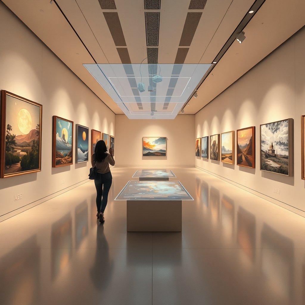 A photorealistic image depicting a virtual art gallery. The gallery is filled with digital paintings that come to life as viewers approach them. Holographic interfaces allow viewers to interact with the artwork and learn more about the artist's inspiration. Style: Futuristic minimalism. Lighting: Soft, ambient lighting with focused spotlights on the artwork. Color Palette: A mix of warm and cool tones. Camera Angle: First-person perspective, simulating the experience of walking through the gallery. Texture Details: Smooth, sleek surfaces with subtle details. Environment: A clean, modern virtual gallery. Relevant Props: Digital paintings, holographic interfaces, virtual viewers. Technical Specs: 4K resolution, high quality, immersive experience.
