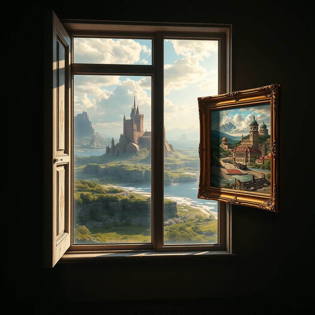 A photorealistic image depicting a window overlooking a fantastical landscape. The landscape blends elements of science, history, and fantasy. A digital painting hangs on the wall beside the window, mirroring the scene outside. Style: Hyperrealism meets fantasy. Lighting: Natural lighting with dramatic shadows and highlights. Color Palette: Rich, vibrant colors with contrasting tones. Camera Angle: Medium shot, focusing on the window and the painting. Texture Details: Detailed textures on the window frame, the glass, and the painting. Environment: A cozy room with a view. Relevant Props: Window, painting, fantastical landscape. Technical Specs: 4K resolution, high quality, dynamic lighting.