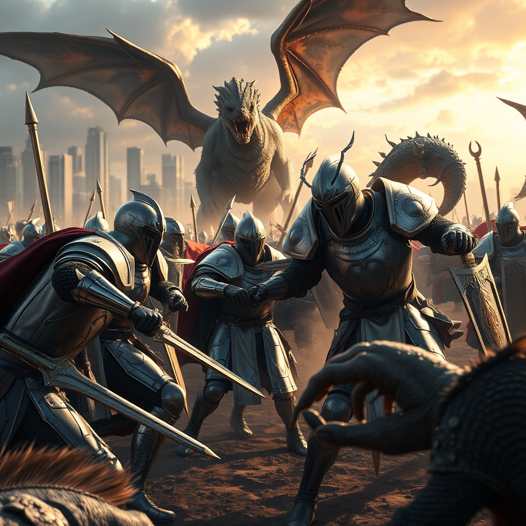 A photorealistic image depicting a digital canvas displaying a scene from a historical event, but with a fantastical twist. Knights clad in futuristic armor are battling mythical creatures in a medieval setting. The background shows a futuristic city skyline. Style: Hyperrealism meets fantasy. Lighting: Dynamic lighting with dramatic shadows and highlights. Color Palette: Rich, vibrant colors with contrasting tones. Camera Angle: Close-up, focusing on the action and emotion. Texture Details: Detailed textures on the armor, creatures, and background elements. Environment: A chaotic battlefield blending historical and fantastical elements. Relevant Props: Swords, shields, futuristic weapons, mythical creatures. Technical Specs: 4K resolution, high quality, dynamic lighting.
