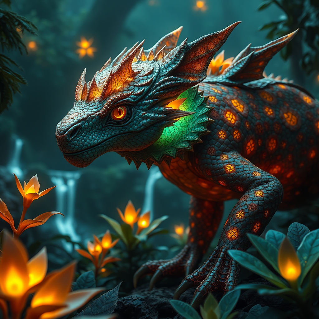 A photorealistic image depicting a fantastical creature in its natural habitat. The creature is a blend of different animal species, with glowing scales and intricate patterns. Style: Hyperrealism meets fantasy. Lighting: Soft, ambient lighting with subtle glows emanating from the creature. Color Palette: Rich, vibrant colors with contrasting tones. Camera Angle: Close-up, emphasizing the details of the creature. Texture Details: Detailed textures on the scales, fur, and other features. Environment: A fantastical forest with glowing plants and waterfalls. Relevant Props: Fantastical creature, glowing plants, waterfalls. Technical Specs: 4K resolution, high quality, intricate details.