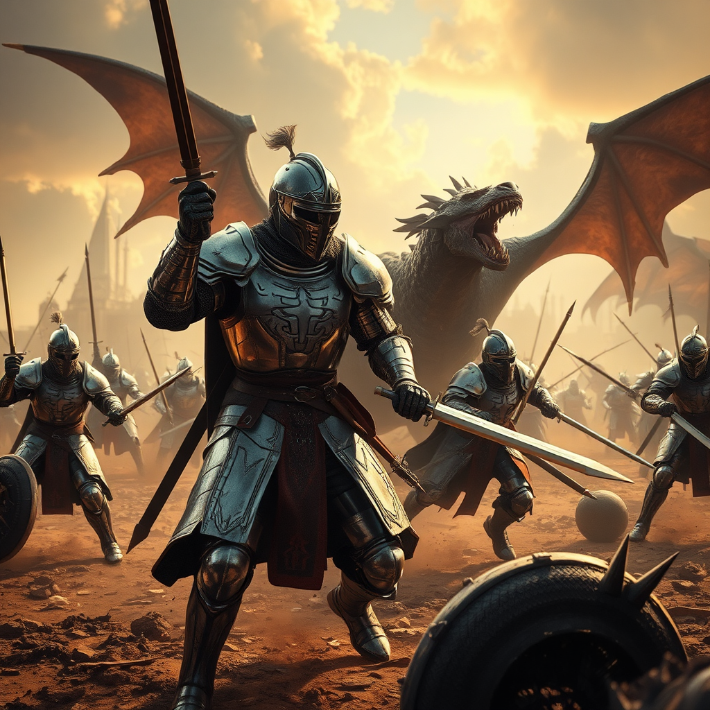A photorealistic image depicting a historical battle scene, but with futuristic elements. Knights clad in futuristic armor are battling mythical creatures. Style: Hyperrealism meets fantasy. Lighting: Dynamic lighting with dramatic shadows and highlights. Color Palette: Rich, vibrant colors with contrasting tones. Camera Angle: Wide-angle, capturing the chaos and scale of the battle. Texture Details: Detailed textures on the armor, creatures, and background elements. Environment: A historical battlefield with futuristic elements. Relevant Props: Knights, futuristic armor, mythical creatures. Technical Specs: 4K resolution, high quality, dynamic lighting.