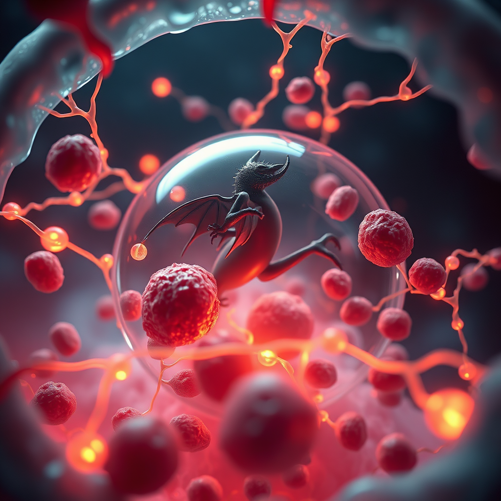 A photorealistic image depicting a microscopic view of a cell, but with fantastical elements. Glowing energy pathways connect the organelles, and mythical creatures are visible within the cell structure. Style: Hyperrealism meets fantasy. Lighting: Soft, ambient lighting with subtle glows emanating from the energy pathways. Color Palette: A mix of warm and cool tones. Camera Angle: Microscopic view, emphasizing the intricate details. Texture Details: Detailed textures on the cell organelles and the mythical creatures. Environment: A microscopic environment. Relevant Props: Cell organelles, energy pathways, mythical creatures. Technical Specs: 4K resolution, high quality, intricate details.