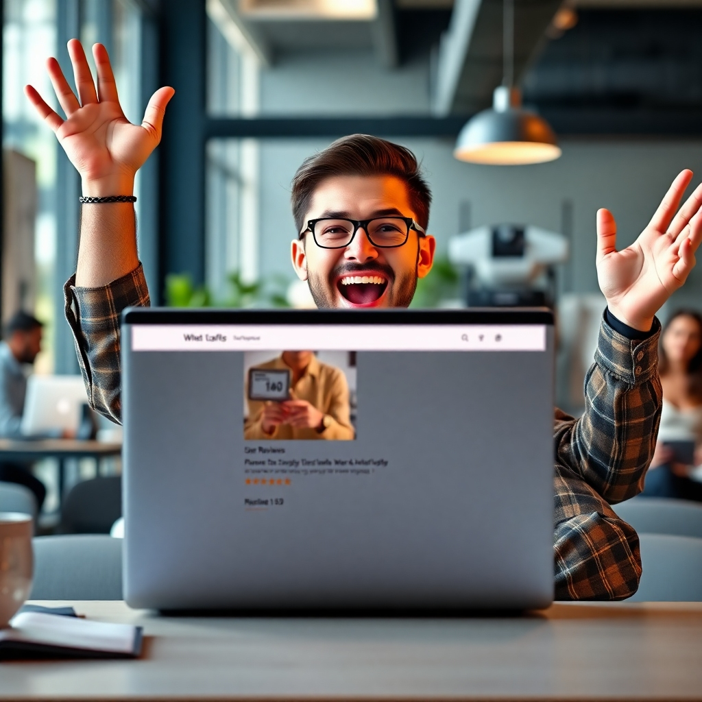 A photorealistic image of a business owner celebrating in front of a laptop screen, displaying a website with positive user reviews and high traffic numbers.  The background should include elements showcasing business success, like a busy office or happy customers.
