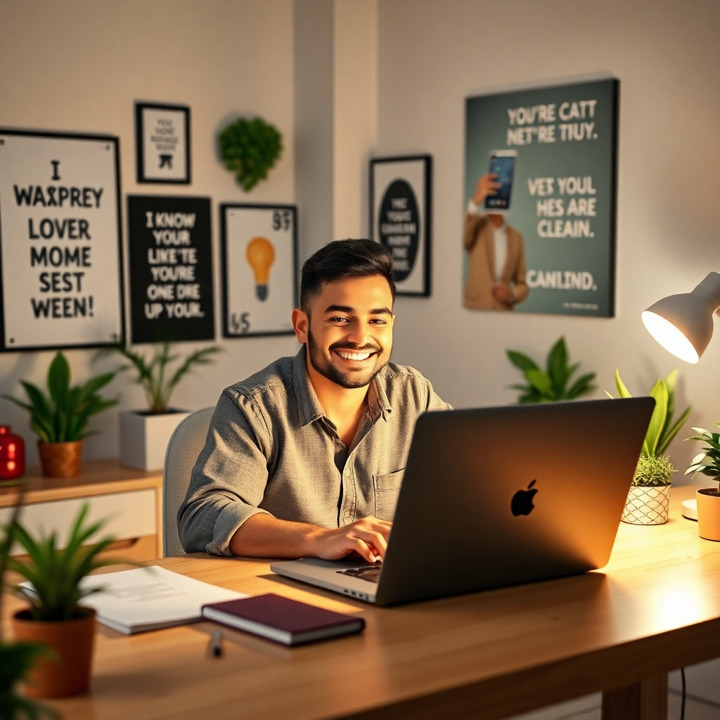 A photorealistic image of a determined person smiling confidently while working on a laptop at a brightly lit home office desk, surrounded by motivational quotes and plants. The overall mood should be optimistic and energetic, conveying a sense of empowerment and productivity.