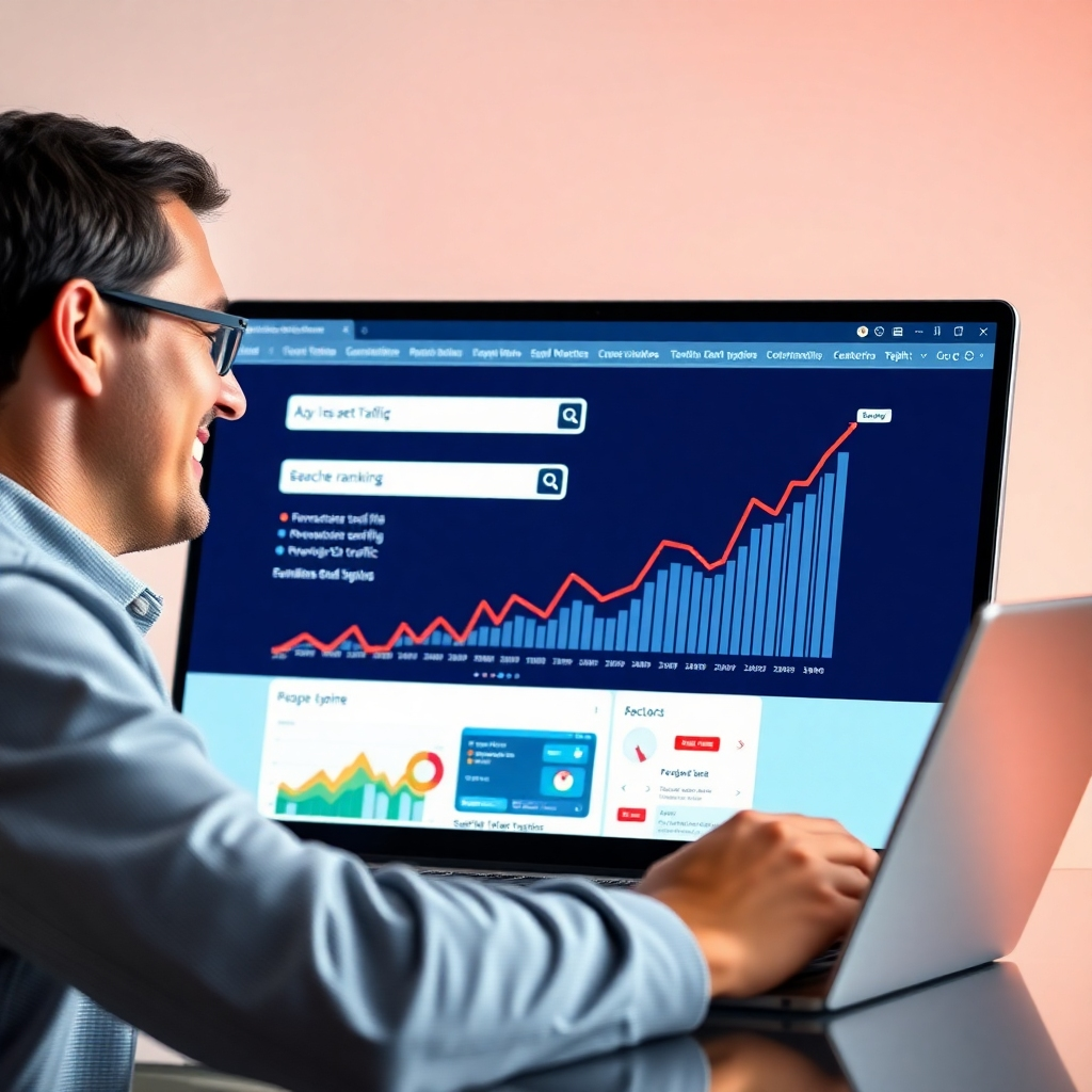 A photorealistic image of a person smiling while looking at a laptop screen showing a website with a high search engine ranking.  The background should include a dynamic graph showing a rapid increase in website traffic. The style should be bright and modern.