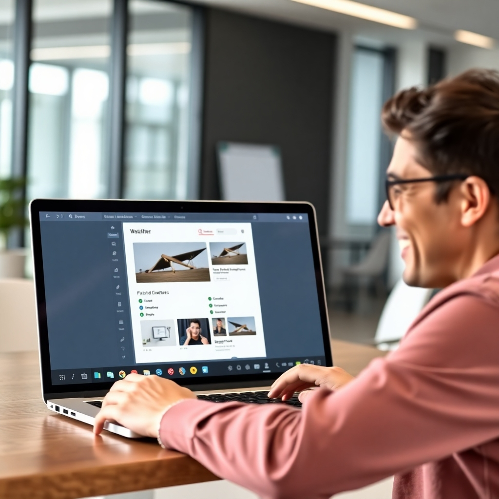 A photorealistic image of a person smiling and looking at a laptop screen showing a website builder interface with drag-and-drop elements. The background is a modern, bright office. The image should convey ease of use and speed.