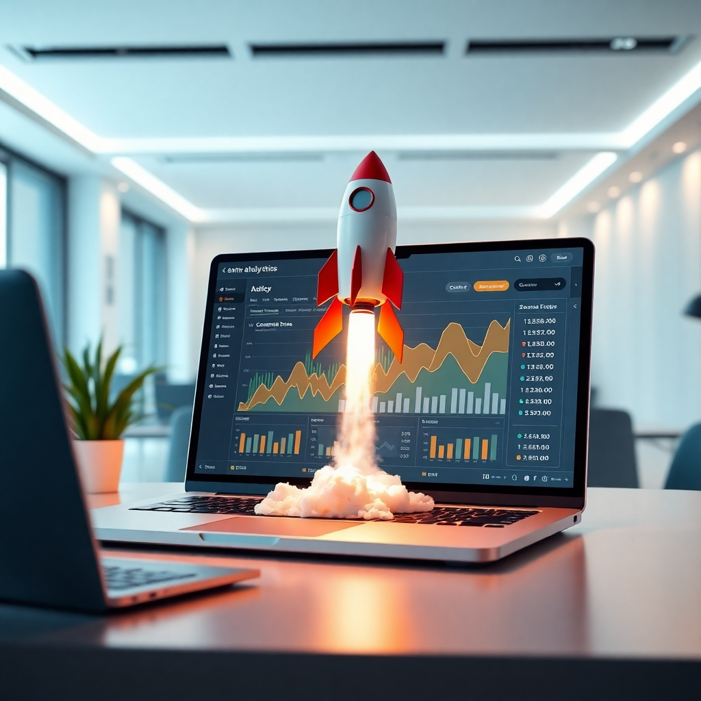 A photorealistic image of a rocket launching from a laptop screen displaying a website analytics dashboard showing a sharp increase in conversion rates. The background should be a futuristic, clean office space with soft lighting.