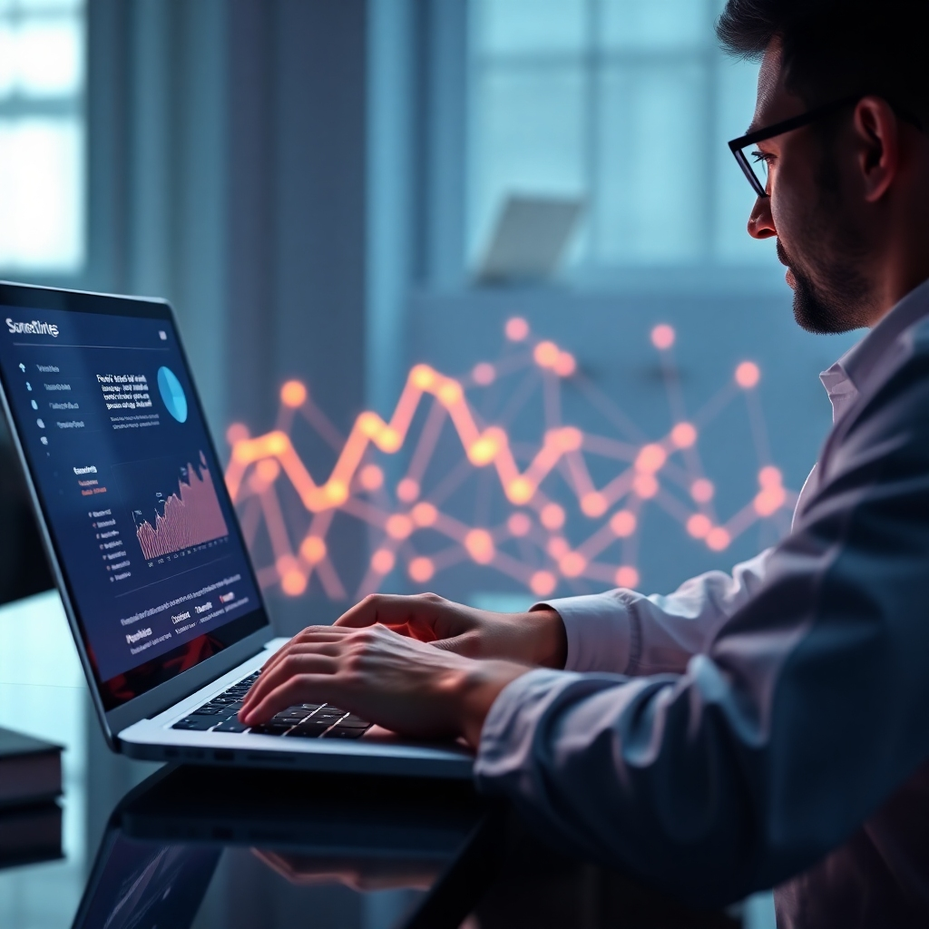 A photorealistic image of a user effortlessly navigating a clean and modern website on a laptop.  The background should subtly display positive user feedback and interaction analytics in the form of a glowing, animated network graph. The overall style should be sleek and minimalist.