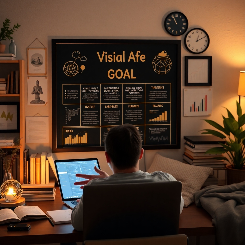 A photorealistic image showing a person using a vision board or a digital goal-tracking app, surrounded by symbols representing personal growth (e.g., books, meditation) and home business success (e.g., laptop, financial charts).  The mood is one of focused determination and visualization.