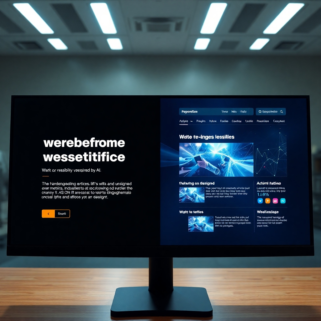 A photorealistic image showing a split screen: one side displaying a poorly designed website with low engagement metrics, the other showing the same website redesigned by AI, with significantly improved visuals and high engagement metrics. The AI redesign side should be bright and appealing.