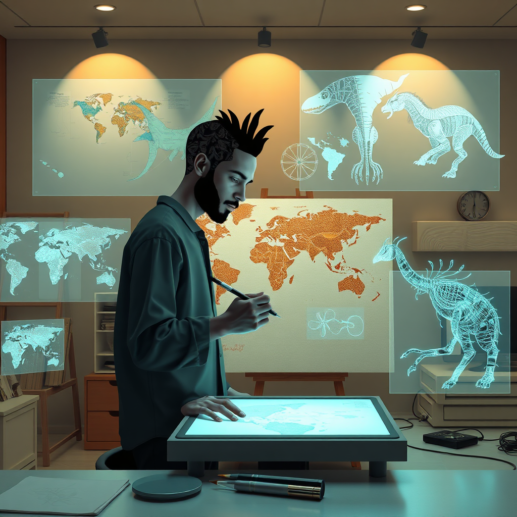 A stylized image depicting a digital artist's workspace. Holographic projections of historical maps, scientific diagrams, and fantastical creatures surround a central figure. The figure is a composite of various cultural elements, suggesting a global perspective. They are working on a digital canvas, creating a seamless blend of science, history, and fantasy. Style: Art Deco meets futuristic minimalism. Lighting: Soft, ambient lighting with focused spotlights on the canvas and holographic projections. Color Palette: A mix of warm earthy tones and cool blues and greens. Camera Angle: Medium shot, focusing on the figure and their creative process. Texture Details: The canvas should have visible brushstrokes and the holographic projections should have a slight grain. Environment: A clean, modern workspace with hints of historical and scientific artifacts. Relevant Props: Digital canvas, stylus, holographic projectors, historical maps, scientific diagrams, fantastical creatures. Technical Specs: 4K resolution, high quality, detailed rendering.
