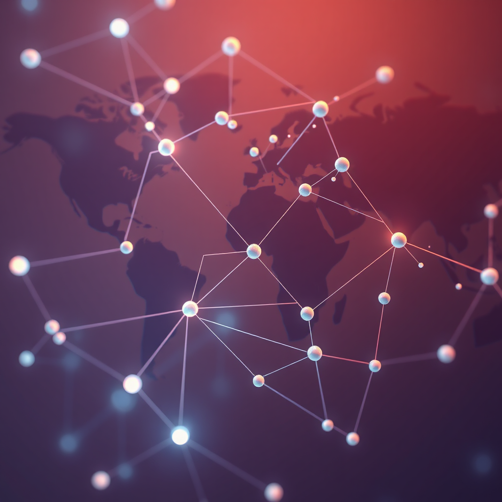 A stylized image depicting a global network of interconnected nodes, each representing an art enthusiast. Digital pathways connect the nodes, symbolizing the exchange of ideas and interpretations. Style: Abstract minimalism. Lighting: Soft, ambient lighting with subtle glows emanating from the nodes. Color Palette: A mix of warm and cool tones. Camera Angle: Overhead view, emphasizing the scale of the network. Texture Details: Smooth, interconnected surfaces. Environment: A virtual global network. Relevant Props: Interconnected nodes, digital pathways. Technical Specs: 4K resolution, high quality, abstract design.