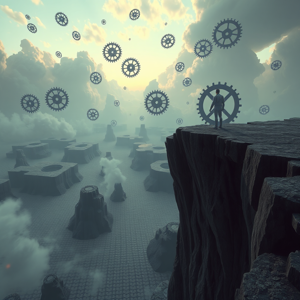 A surrealist digital artwork featuring a landscape where the sky is filled with floating clockwork gears and the ground is made of tessellating geometric patterns. A lone figure stands at the edge of a cliff, gazing out at the impossible vista. Style: Surrealism meets steampunk. Lighting: Dreamlike lighting with soft gradients and ethereal glows. Color Palette: Muted colors with pops of vibrant accents. Camera Angle: Wide-angle, emphasizing the scale of the surreal landscape. Texture Details: Intricate details on the clockwork gears and geometric patterns. Environment: A dreamlike landscape. Relevant Props: Clockwork gears, geometric patterns, lone figure. Technical Specs: 4K resolution, high quality, surreal lighting.
