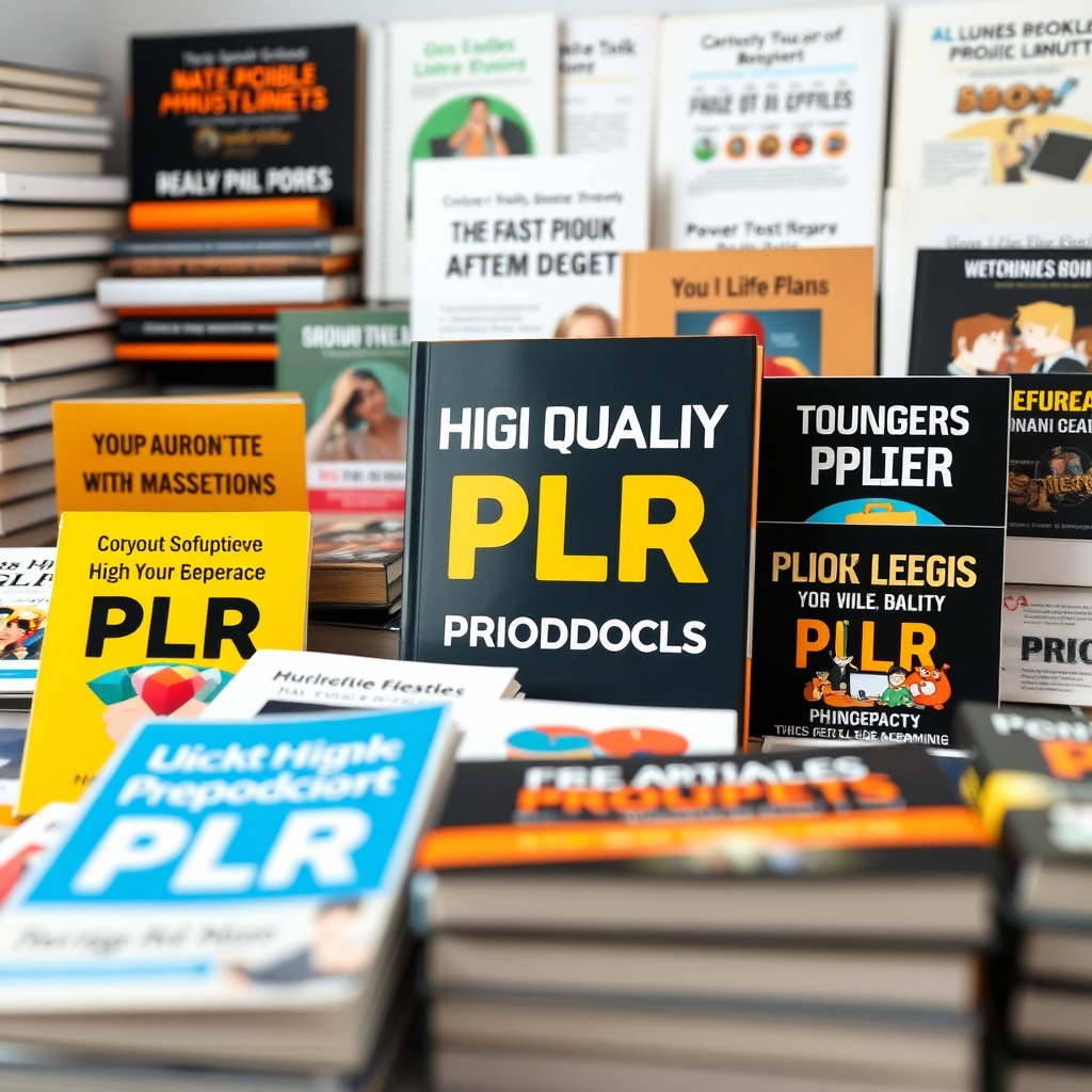 Create a photorealistic image showcasing a collection of high-quality PLR products, such as e-books, articles, and templates. The products should be arranged in an organized and visually appealing manner. The lighting should be bright and focused on the products, highlighting their quality and value. The camera angle should be a close-up, emphasizing the details of the products. The style should be clean and professional, conveying the message of high quality and value.