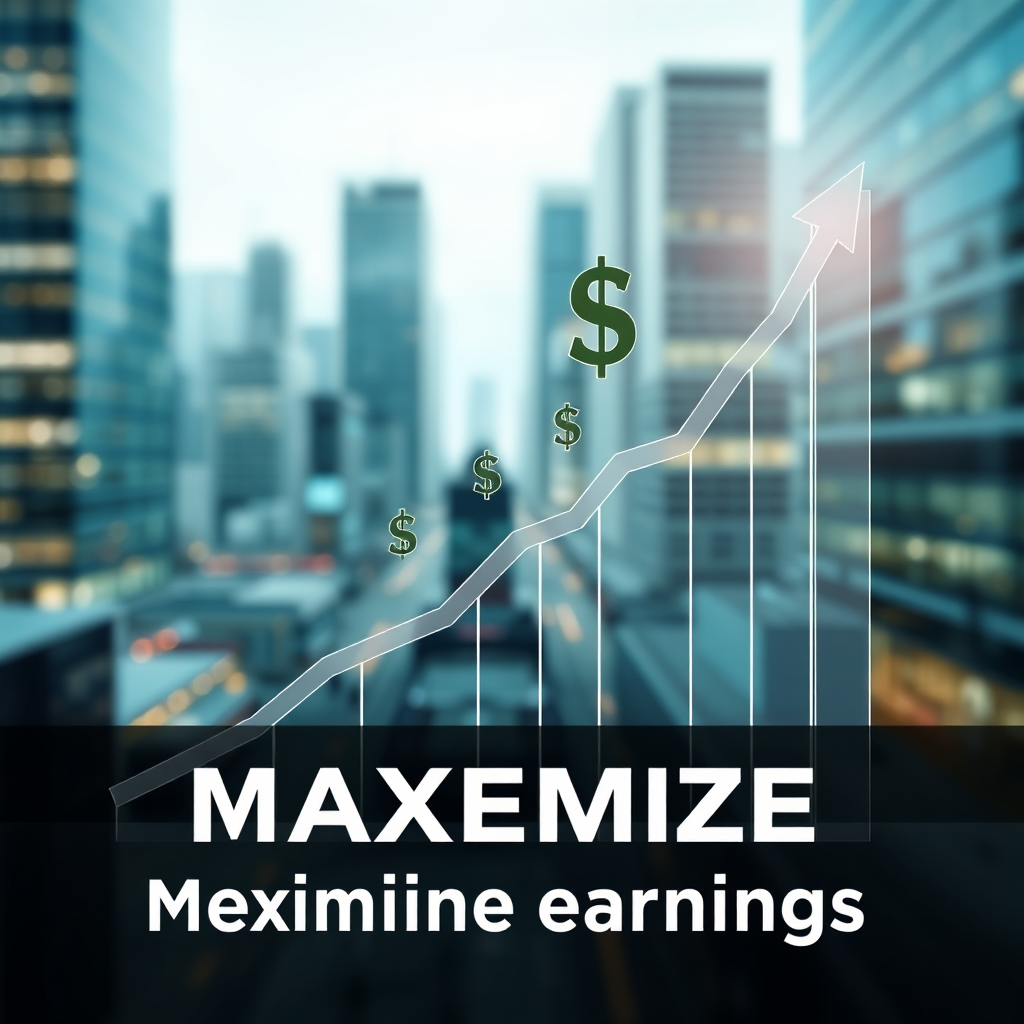 Create a photorealistic image depicting a graph showing exponential growth, with money symbols rising along with the graph. The background should be a blurred image of a bustling city, representing business and success. The lighting should be bright and focused on the graph, highlighting its upward trend. The camera angle should be a close-up, emphasizing the graph's growth. The style should be clean and professional, conveying the message of maximizing earnings.
