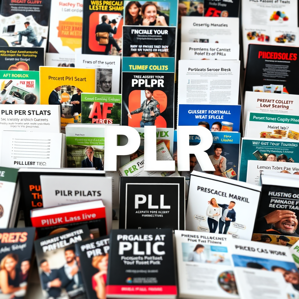 Create a photorealistic image showcasing a diverse collection of PLR products, such as e-books, articles, and templates. The products should be arranged in an organized and visually appealing manner. The lighting should be bright and focused on the products, highlighting their quality and value. The camera angle should be a close-up, emphasizing the details of the products. The style should be clean and professional, conveying the message of PLR products.