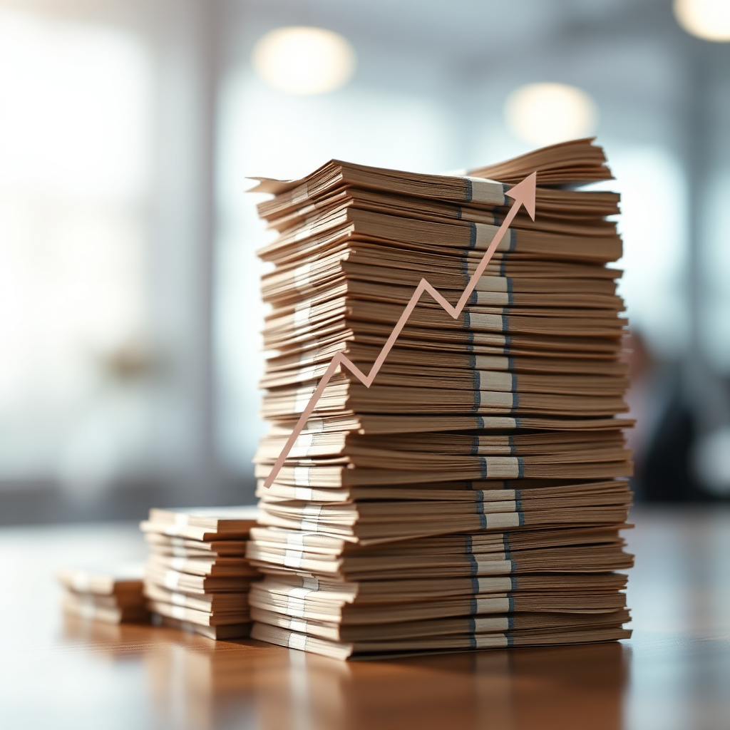 Create a photorealistic image depicting a stack of money gradually increasing in height. The background should be blurred, suggesting a fast-paced financial environment. The lighting should be bright and focused on the money, highlighting its growth. Include subtle digital elements, such as a rising graph overlay, to represent commission rates. The camera angle should be a close-up, emphasizing the stack's increasing height. The style should be clean and professional, conveying financial growth and prosperity.