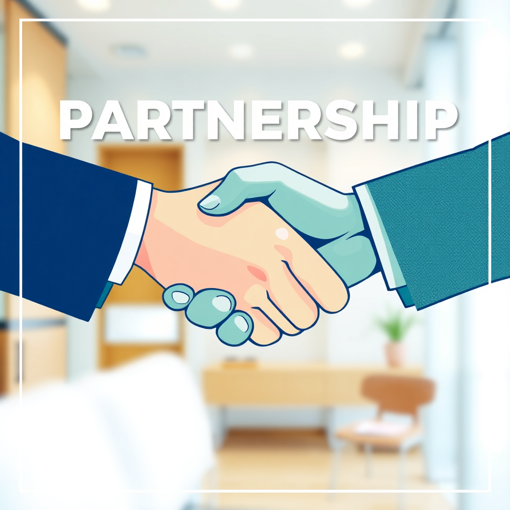 Create a stylized image depicting two hands shaking, symbolizing a partnership. The background should be a clean and professional environment. The color palette should be warm and inviting, with blues and greens dominating. The camera angle should be a medium shot, focusing on the hands shaking. The style should be modern and clean, conveying the message of a strong and lasting partnership.
