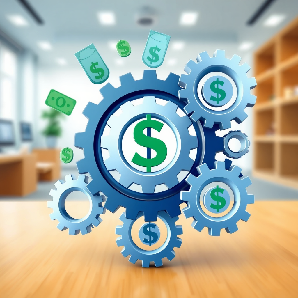 Create a stylized image depicting gears turning, with money symbols emerging from the gears. The background should be a clean and professional environment. The color palette should be warm and inviting, with blues and greens dominating. The camera angle should be a close-up, emphasizing the gears turning and the money emerging. The style should be modern and clean, conveying the message of affiliate marketing and earning income.