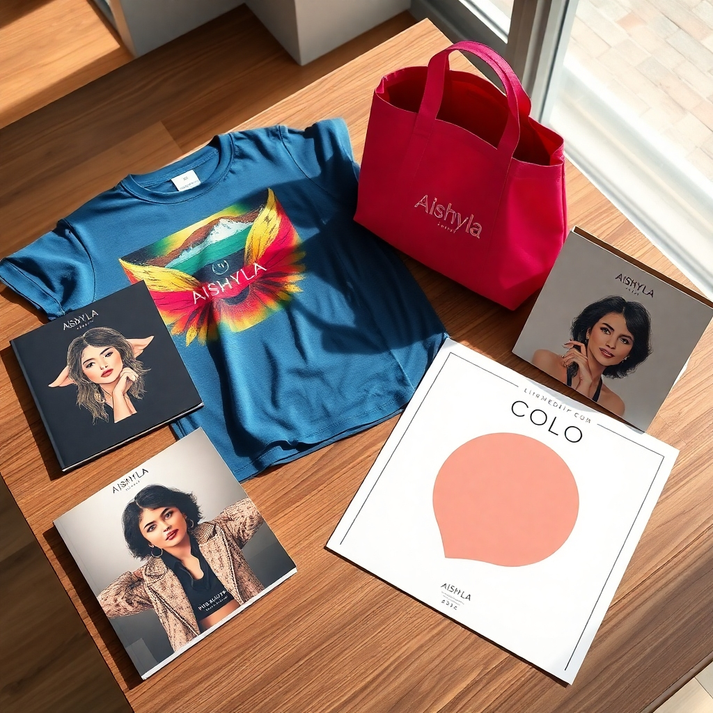 A high-quality, photorealistic image showcasing a spread of Aishyla's exclusive merchandise: a stylish t-shirt with a unique design, a vibrant tote bag, a signed album, and a limited-edition poster; all items carefully arranged on a wooden table with natural lighting, emphasizing the quality and design details. The style should be clean, modern, and visually appealing.