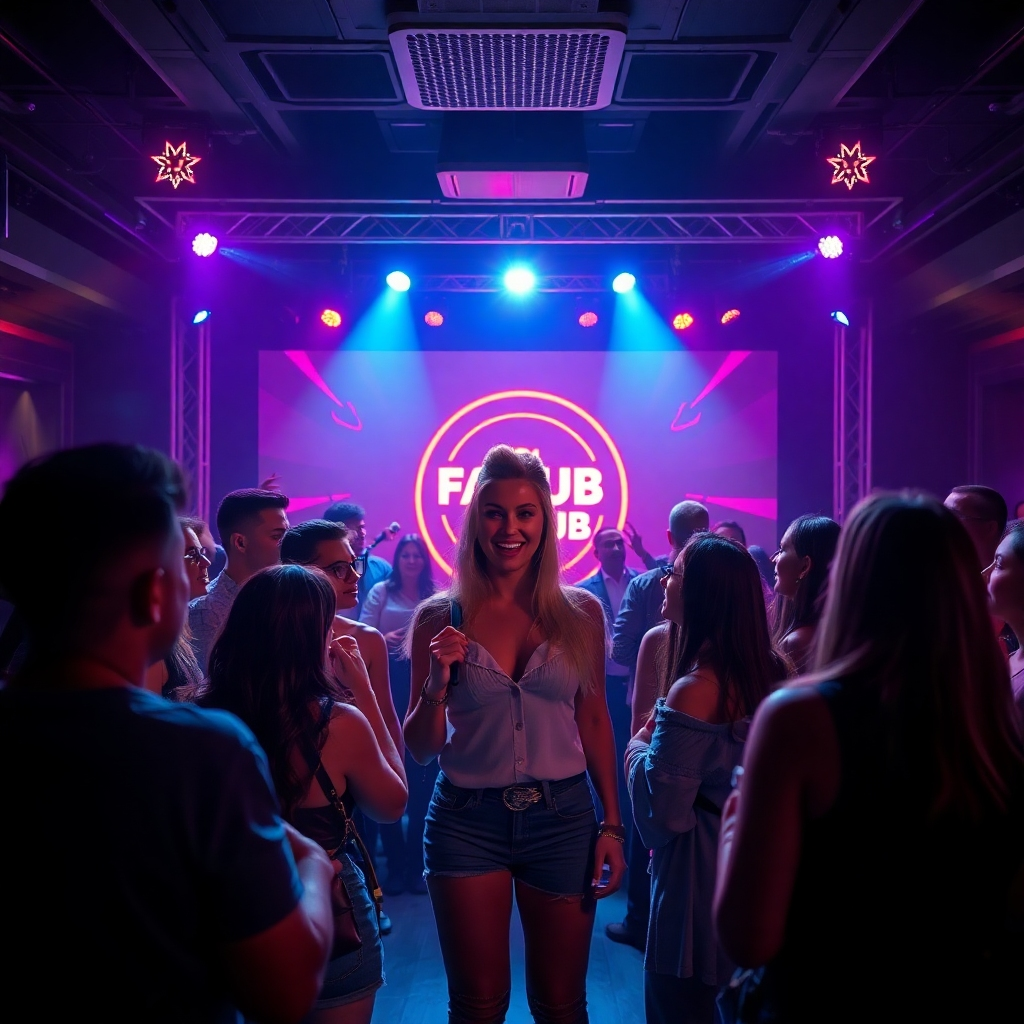 A hyperrealistic image, 8K resolution, depicting a vibrant and energetic fan club gathering. The scene unfolds in a dimly lit, yet stylish club setting.  Sailana is center stage, interacting with enthusiastic fans in front of a custom-designed stage backdrop featuring her logo. The lighting is dramatic, with spotlights focusing on Sailana and the stage, while the surrounding area is bathed in a more subtle, ambient light. The color palette consists of rich jewel tones, accented with bold neon accents, reflecting the upbeat energy of the event.  The camera angle is a dynamic close-up shot, capturing the raw emotion and excitement of the moment. The image captures the textures of Sailana's clothing, the fans' expressions, and the reflective surfaces of the stage setup.  Environmental details include the club's stylish interior decor, the enthusiastic crowd, and subtly visible security personnel ensuring a safe and comfortable environment for attendees. The style should emulate a high-quality live music concert photograph.  The overall mood is enthusiastic, celebratory and exclusive, emphasizing the benefits of joining Sailana's fan club.