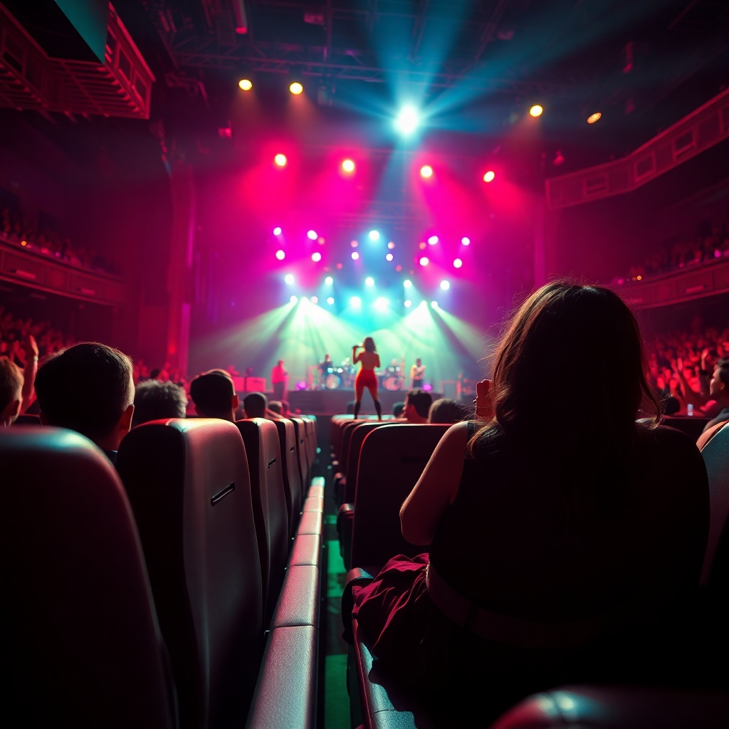 A hyperrealistic image, rendered in 8K resolution, showcasing a VIP concert experience. The image focuses on a single concert-goer with a front-row seat, captivated by Aishyla's energetic performance. Dramatic stage lighting illuminates Aishyla, creating a contrast with the softer lighting on the VIP section. The color palette is vibrant and dynamic, capturing the energy of a live concert. The camera angle is from a slightly low perspective, emphasizing the height and scale of the stage and the proximity to the performer. Textures should include the smooth surfaces of the seats, the rich fabrics of Aishyla's stage attire, and the subtle shimmer of the lights. Environmental elements include the cheering crowd, creating a sense of immersion and energy. The style references the vibrant concert photography of Anton Corbijn, known for his evocative concert photos.  The image is highly detailed and showcases the dynamic movement and energy of the performance.