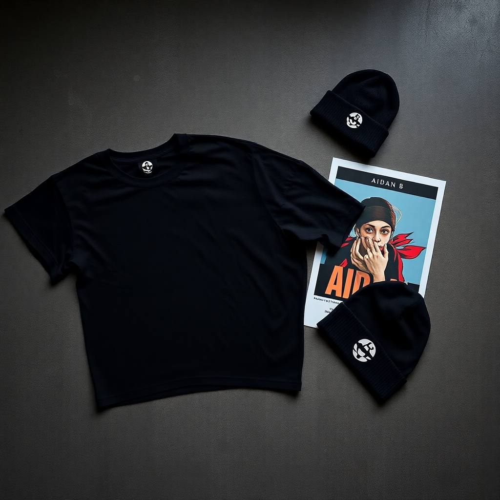 A meticulously detailed, ultra-high definition image (8K resolution) depicting a flat lay composition of Aidan B's exclusive merchandise.  The items include a high-quality black T-shirt with a minimalist logo, a limited edition poster featuring dynamic artwork related to Aidan B's music, and a stylish, branded beanie. The items are arranged on a textured, dark grey concrete surface.  The lighting is soft and diffused, creating a subtle shadow play that highlights the texture and detail of the merchandise. The color palette is muted and sophisticated, with black, grey, and pops of complementary accent colors from the artwork on the poster and beanie. The overall mood is one of exclusivity and understated cool. The perspective is from directly above, giving a clear view of all items. The texture of the fabric, the detail of the print, and the subtle imperfections in the concrete surface are all hyperrealistically rendered. The image style is inspired by high-end fashion photography and product shots from brands like Supreme and Off-White.  The overall impression should be that of luxury and high-quality limited edition items.