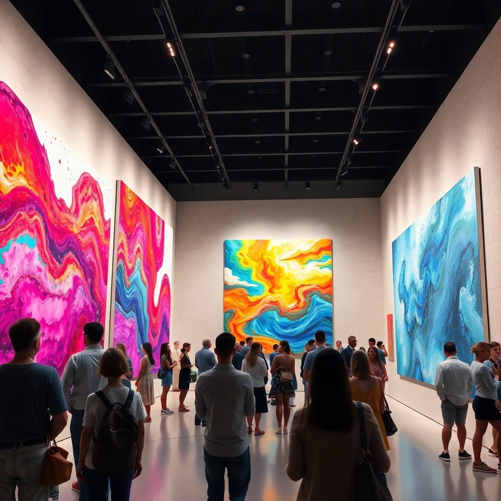 A modern art gallery showcasing vibrant, photorealistic AI-generated artwork on large canvases, with diverse crowds of people admiring the pieces, lit with soft, ambient lighting, and detailed textures on walls and floors