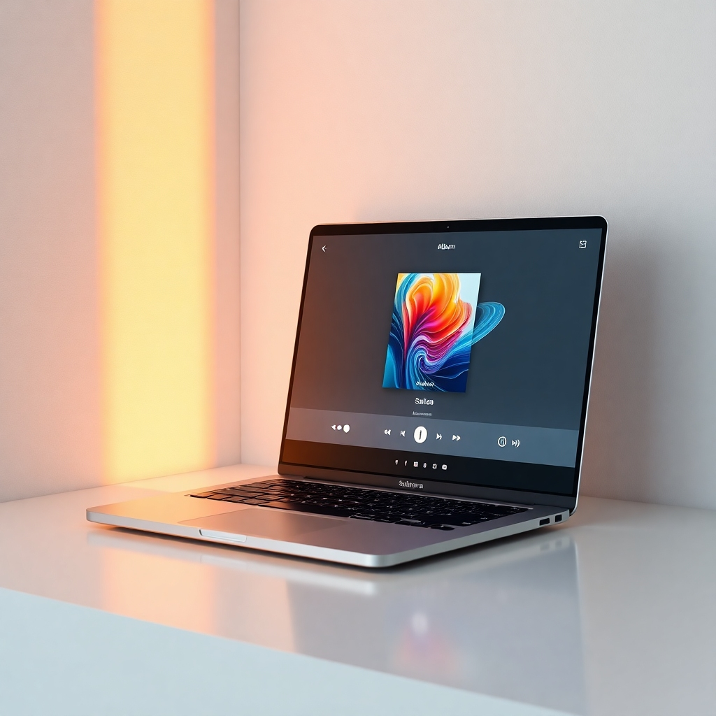 A photorealistic, ultra-high definition (8K) image depicting a sleek, modern laptop displaying Sailana's album art on a music streaming platform. Soft, warm lighting illuminates the screen, highlighting the vibrant colors and intricate details of the artwork. The background is a minimalist, subtly textured white wall, creating a clean and sophisticated aesthetic. The laptop is positioned at a slight angle, with the screen facing the viewer. The image is rendered in a style reminiscent of Apple's product photography, emphasizing simplicity and elegance. The overall mood is calm and inviting, showcasing the high quality and accessibility of Sailana's digital music.  Textures should include the smooth glass of the laptop screen, the subtle texture of the metal casing, and the fine details of the album art. The camera angle is slightly elevated, providing a clear and unobstructed view of the screen. The color palette is primarily composed of warm whites and soft grays, complementing the album art's vibrant hues.  The scene is hyperrealistic, with an emphasis on detail and clarity, showcasing the professional and polished nature of the product.
