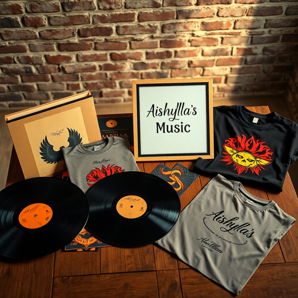 A photorealistic, ultra-high-definition (8K) image depicting a meticulously arranged collection of Aishyla's Music merchandise. The composition should feature a variety of items, including limited-edition vinyl records, stylish t-shirts with unique designs, and a signed poster, all elegantly displayed on a rustic wooden table bathed in soft, warm lighting. The color palette should evoke feelings of nostalgia and excitement, with rich textures and detailed material rendering. The camera angle should be a slightly elevated overhead shot, emphasizing the overall composition and detail. The background should be a tastefully blurred image of a brick wall, adding depth and contrast. The style should emulate the aesthetic of high-end fashion photography, with attention to texture, lighting and overall mood.  The image should convey luxury, exclusivity and quality. The overall mood is one of excitement and anticipation. The image should be hyperrealistic and ultra-detailed, emphasizing fine details such as fabric textures, vinyl grooves, and the subtle sheen of the signed poster. The image should be in the style of Annie Leibovitz, known for her iconic celebrity portraits and stunning lighting techniques.