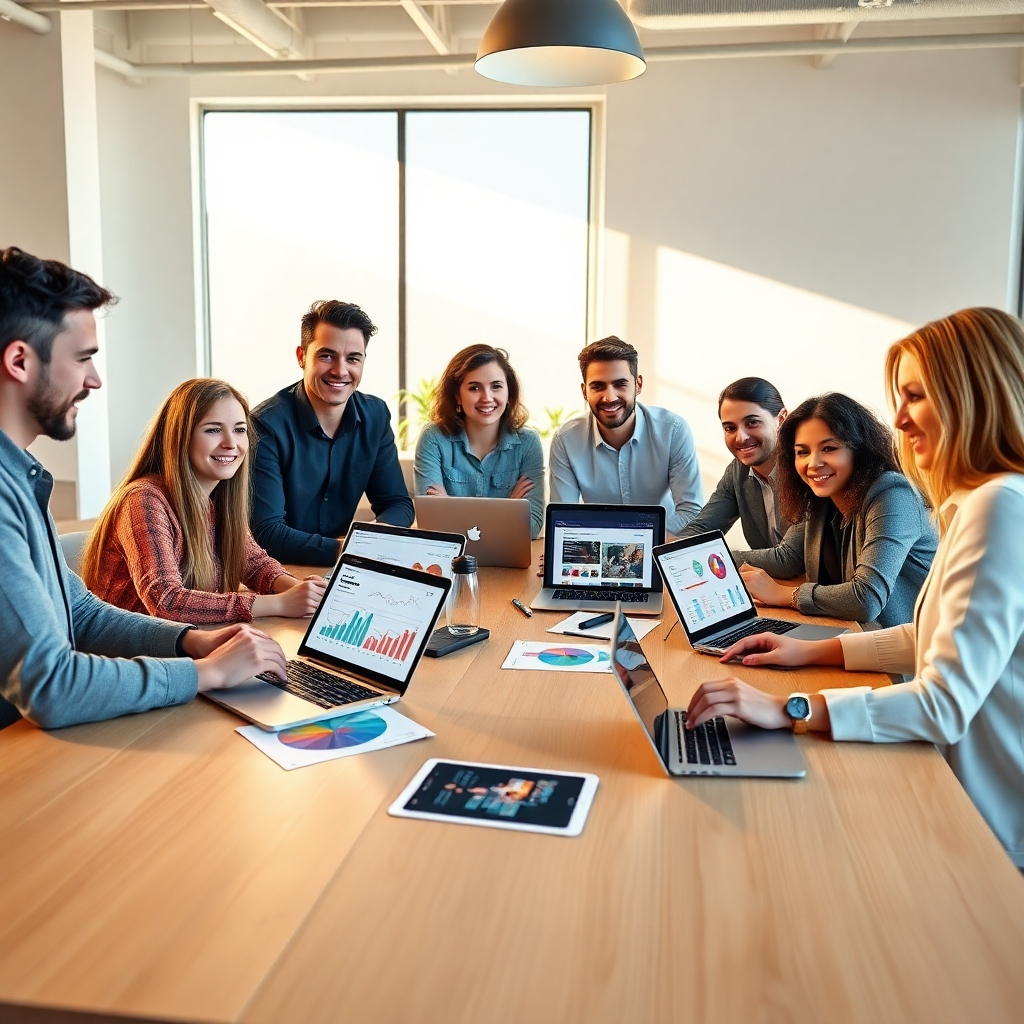 A photorealistic, ultra-high definition 8K image depicting a young, diverse team of marketing professionals collaborating around a large table in a modern, brightly lit office. Soft, diffused lighting illuminates the scene, emphasizing the warm, inviting atmosphere. The color palette is vibrant and energetic, with pops of color from marketing materials and digital devices scattered on the table.  The camera angle is slightly elevated, providing a comprehensive view of the team's collaborative process. The table is made of light oak wood with a smooth texture, and the team is using sleek, modern laptops and tablets.  Marketing charts and graphs are visible on the screens, along with mockups of visually engaging social media posts featuring a hypothetical digital product, such as a vibrant mobile app or an online course. The background features minimalist, modern office decor with plenty of natural light streaming in from large windows, creating a sense of openness and innovation. The overall style is inspired by the clean, bright aesthetic of contemporary corporate photography, with a focus on capturing authentic human connection.  The image should have a hyperrealistic rendering, paying close attention to fine details such as individual strands of hair, fabric textures, and the reflective surfaces of the technological devices. The mood is positive, collaborative, and forward-thinking, conveying a sense of confidence and expertise.