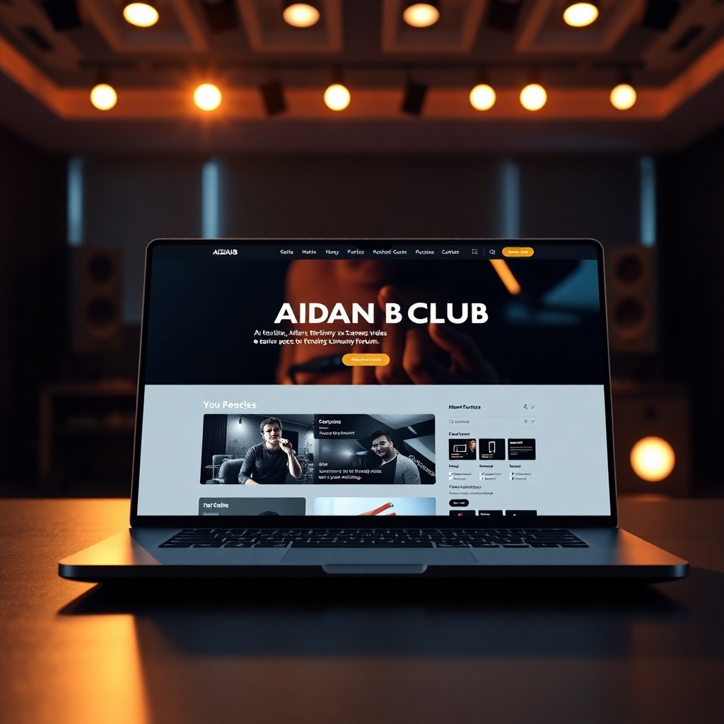 A photorealistic, ultra-high-resolution (8K) image showcasing the benefits of joining Aidan B's fan club. The image features a stylish, modern website interface on a high-end laptop screen.  The website displays exclusive content such as behind-the-scenes videos, early access to new music, and a vibrant online community forum. Soft, warm lighting illuminates the laptop, which is set against a backdrop of a dimly lit, modern recording studio. The scene is viewed from a slightly elevated angle, offering a clear view of the laptop screen and its content. The color palette is sleek and sophisticated, with a mix of dark grays, blues, and accents of gold.  The overall mood is one of excitement and anticipation. The texture of the laptop's materials, the crispness of the website's design, and the subtle glow of the studio lights are all meticulously rendered. The image style is inspired by high-tech product photography, blending futuristic elements with a sense of intimacy and exclusive access. The image should convey a feeling of community and belonging, emphasizing the unique and valuable benefits of fan club membership.