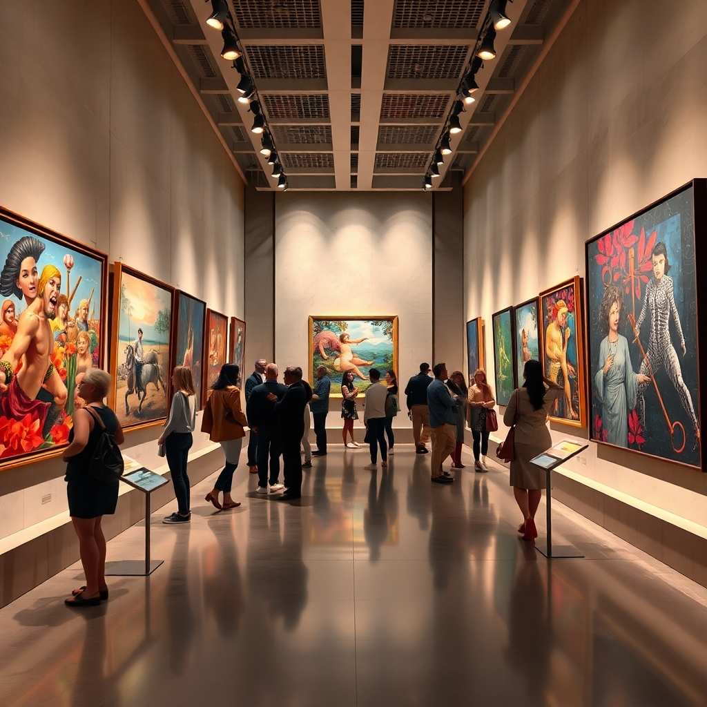 A photorealistic image, 8K resolution, ultra-detailed.  Depict a vibrant art gallery showcasing AI-generated artwork. The lighting is dramatic and focused, highlighting individual pieces with spotlights.  Color palette should be rich and varied, reflecting the diversity of the artwork. Camera angle: slightly low, looking up at the artwork, creating a sense of grandeur.  Textures should include the canvas texture of the artwork, the polished floors, and the subtle textures of the gallery walls.  The artwork should be diverse in style and subject matter, representing the range of AI artistic capabilities.  Environmental elements should include modern architectural features and a diverse group of art enthusiasts viewing the artwork, conveying an atmosphere of excitement and appreciation. In the style of contemporary art gallery photography.  Props could include informational plaques beside the artworks. The mood is sophisticated, energetic, and inspiring.