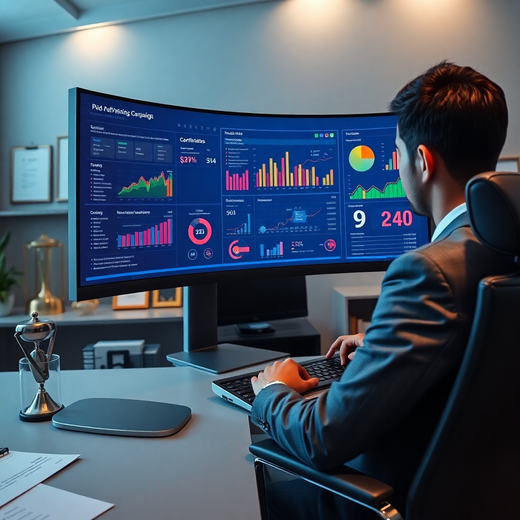 A photorealistic image, rendered in 8K resolution, depicting a clean, modern office space with a focused individual intensely working on a large curved monitor. The scene is bathed in soft, diffused lighting, creating a calm and productive atmosphere. The color palette is a sophisticated blend of muted blues and grays, accented by the vibrant colors on the monitor's screen displaying various metrics and performance data from an active paid advertising campaign.  The central figure is a sharply dressed professional, their face partially visible but with the focus on their hands skillfully navigating the complex interface.  The camera angle is over the shoulder of the individual, providing an intimate view of their workspace.  Materials are highly detailed: the metallic frame of the computer monitor, the textured surface of the keyboard, the soft leather of their office chair.  Background elements subtly suggest a successful business: awards, certificates, plants, and carefully curated books. The overall style is inspired by high-end corporate photography, with an emphasis on highlighting professionalism, competence, and success.  The image should feel highly detailed and ultra-realistic; it's a hyperrealistic portrayal of effective digital advertising management, focusing on the meticulous approach necessary to achieve maximum ROI.  Props include data dashboards, reports, graphs, and other items representing successful paid advertising strategies.
