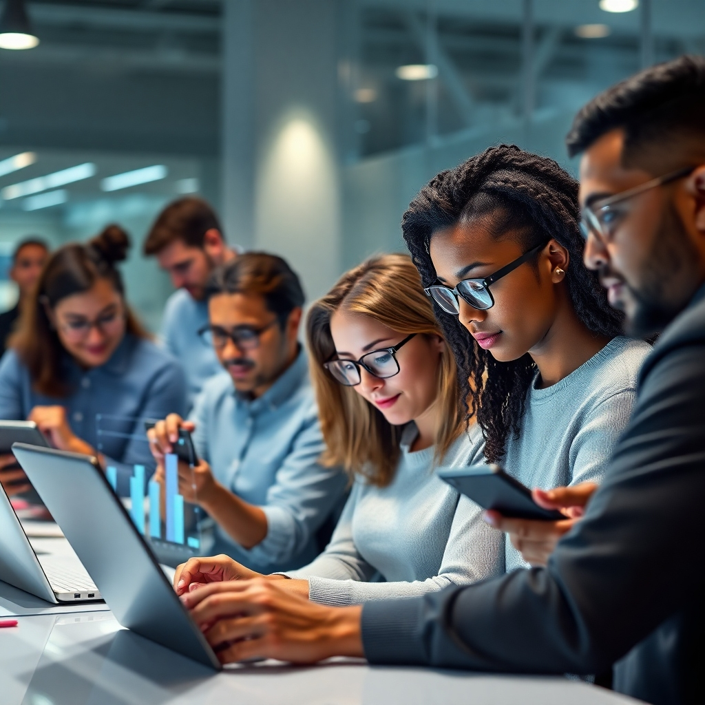 A photorealistic image depicting a diverse group of people using digital products on various devices, with data points and charts subtly overlaid to represent customer analysis.  The style should be clean, modern, and professional, emphasizing the connection between users and data.