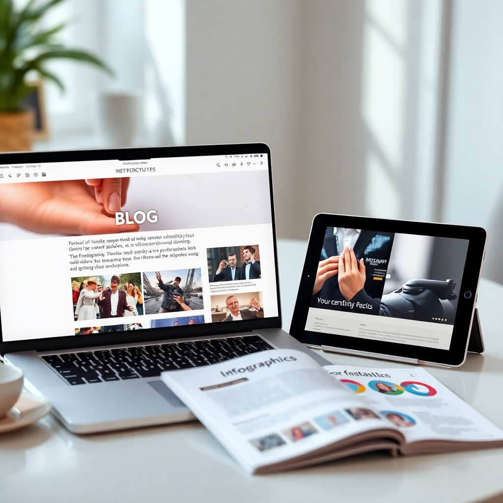 A photorealistic image depicting a seamless blend of various digital content formats.  A laptop screen displays a blog post with engaging visuals. Next to it, a tablet showcases a captivating video thumbnail, while a printed infographic is elegantly placed nearby.  The overall aesthetic should be clean, modern, and visually appealing, emphasizing the power of diverse content types.